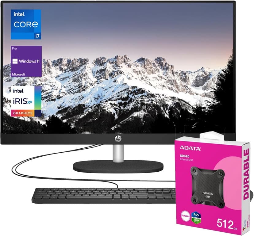 HP Business 27" 13th i7 All in One Desktop Computer, FHD Display, 32GB RAM, 1TB SSD, IR Camera, RJ-45, Wi-Fi 6, Wired KB & Mouse, Windows 11 Pro, Black, with Adata 512 External SSD Bundle
