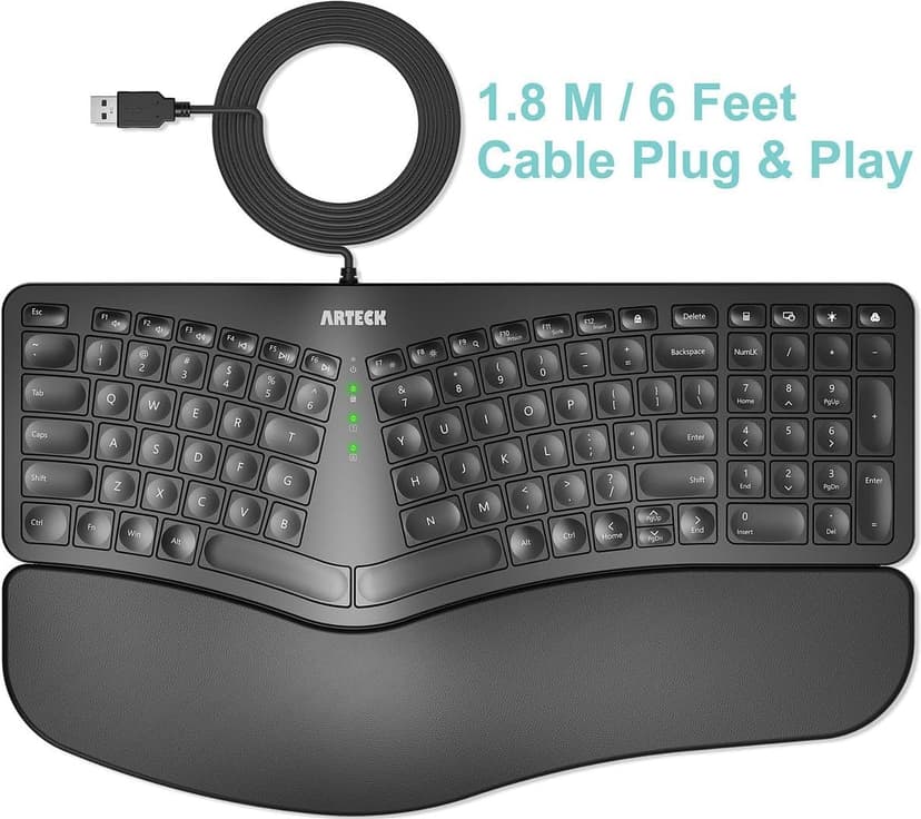 Arteck Ergonomic USB Wired Keyboard with Cushioned Wrist & Palm Rest, Backlit 7 Colors & Adjustable Brightness Comfortable Natural Split Keyboard with 6 Feet Wire for Windows Computer Desktop Laptop