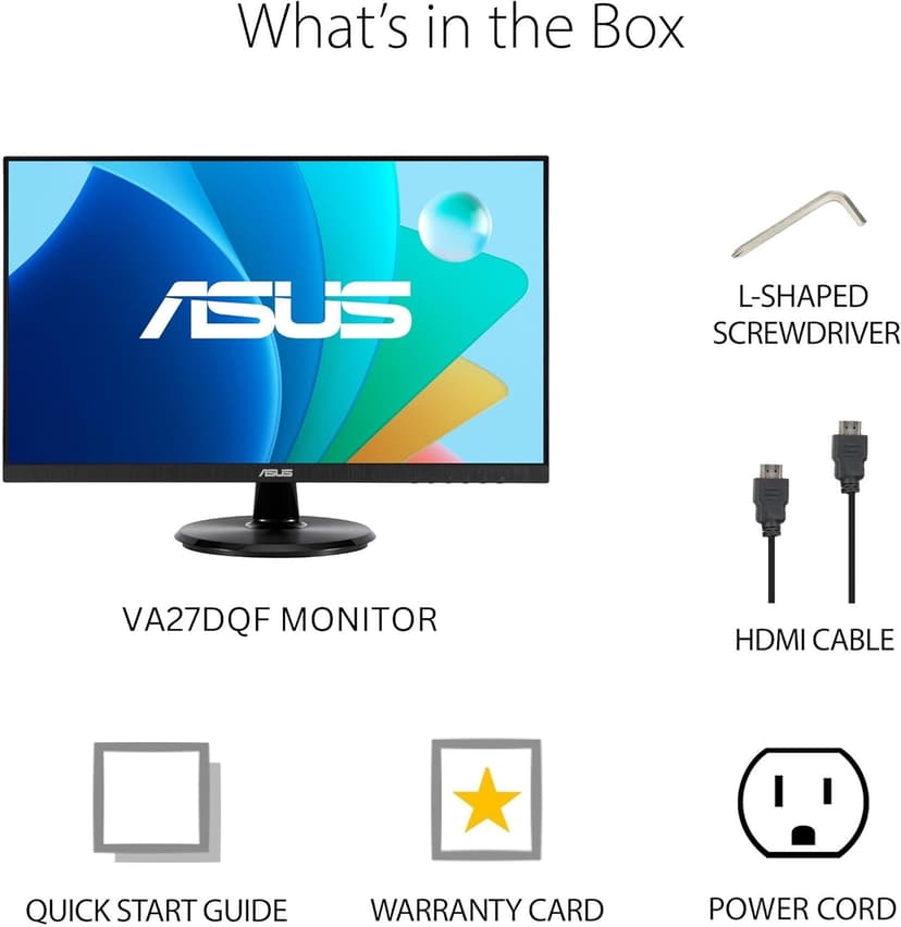 ASUS 27” 1080P Eye Care Monitor (VA27DQF) - IPS, Full HD, Frameless, 100Hz, 1ms, Adaptive-Sync, for Working and Gaming, Low Blue Light, Flicker Free, HDMI, DisplayPort, 3 Year Warranty