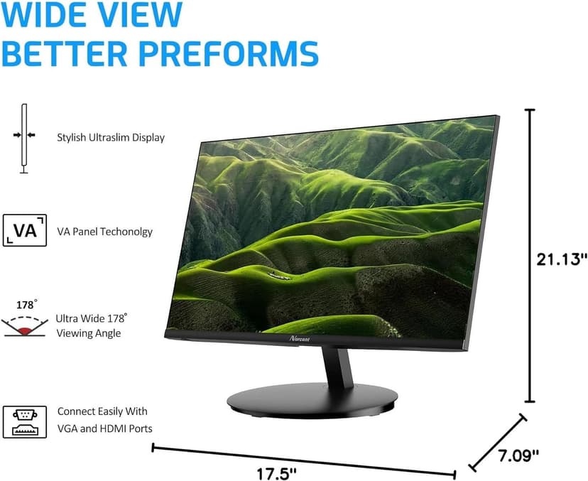 22 Inch Monitor with HDMI VGA Port, 1080P 75Hz Full HD VA LED Ultra Thin Bezel Display, Flicker-Free, Blue Light Filter, Built-in Speakers, Tilt Adjustment