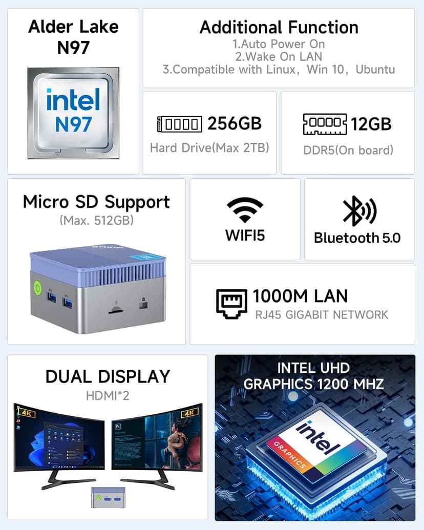 GMKtec Mini PC, G5 Micro Desktop Computer, 12th Gen Intel Alder Lake N97 (up to 3.60GHz) 12GB DDR5 256GB Hard Drive for Business, School, Office Sky Blue