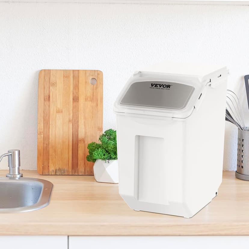 VEVOR Ingredient Storage Bin, 2 x 15L Dispenser Bin with 2 Measuring Cups, Attachable Casters and Airtight Lid, 2 Pcs/Set Dog Pet Food Storage Container, PP Material Kitchen Rice Cereal Flour Bin