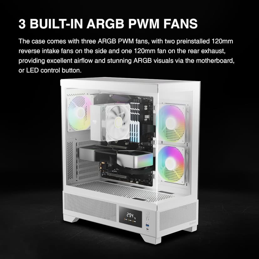 GAMDIAS White Mid Tower Gaming Computer Case w/Display& App, ATX Tempered Glass PC Case, Built-in 3x120mm ARGB PWM Fans, Up to RTX GPU/VGA 410mm & 360mm AIO/Radiator & 6x120mm Fans & 160mm CPU Cooler