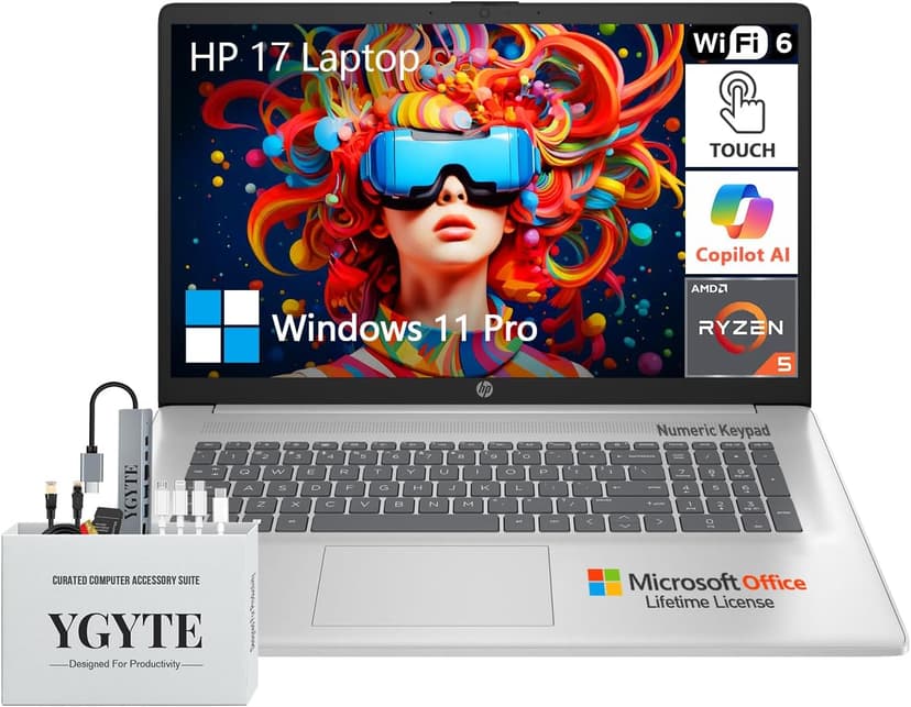 HP 2025 17.3 Touch Screen Laptop PC, 17 Inch Laptop Touchscreen, AMD Ryzen 5(6-Cores), 64GB RAM 2.5TB Storage (2TB SSD+512GB Docking Set), Windows 11 Pro Lifetime Office, 10-Key Number Pad