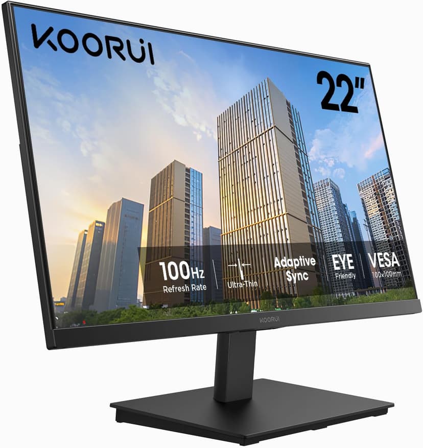 KOORUI 22 Inch Computer Monitor Full HD 1080P 100Hz PC Gaming Screen VA Panel Ultra-Slim Display 3000:1 Contrast Ratio with Adpitive Sync (HDMI/VGA/VESA Compatible 100x100mm/Audio Out), Tilt, Black
