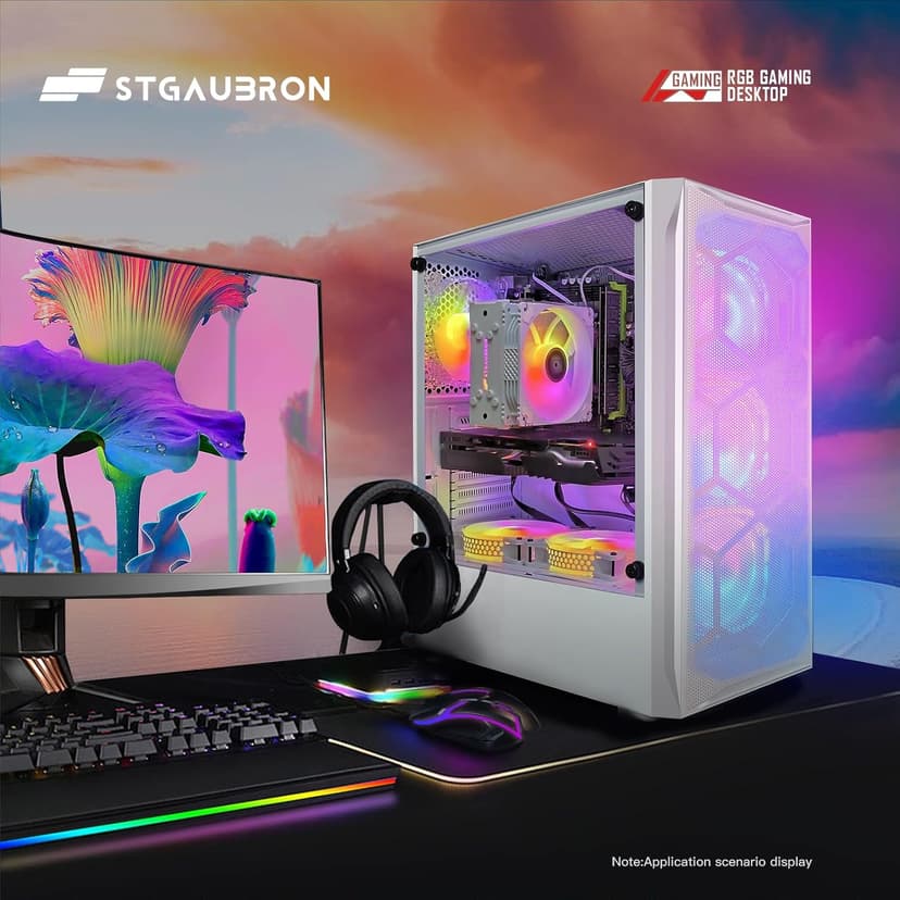 STGAubron Gaming Desktop, Radeon RX 590 8G GDDR5, Intel Xeon E5 2.5G up to 3.3G, 32G Memory, 1T SSD, 600M WiFi, BT 5.0, RGB Fan x 6, RGB Mouse Pad, Windows 10 Home, White