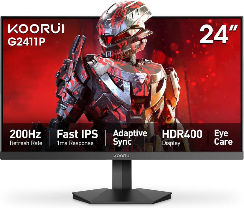 KOORUI Gaming Monitor, 24" Fast IPS Computer Monitor, 200Hz FHD HDR400 Display, 1ms PC Screen, 90% DCI-P3 Color Gamut, Adaptive Sync, Ultra Slim Frame, VESA Mountable, HDMI 2.0, DP 1.4, G2411P