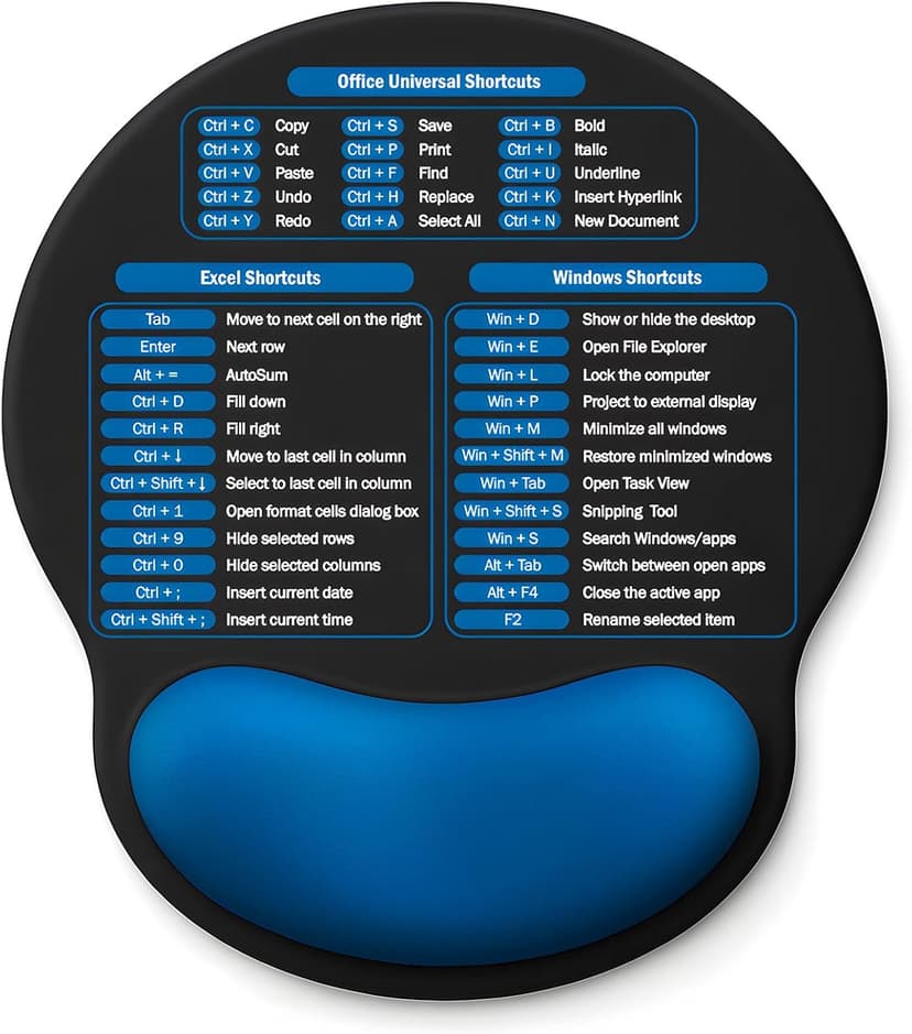 Mouse Pad with Wrist Rest - Ergonomic Memory Foam Support, Small Cute Excel Cheat Sheet Mousepad with Windows & Office Shortcuts, Non-Slip PU Base, for Computer Desk Laptop Travel, Black Blue