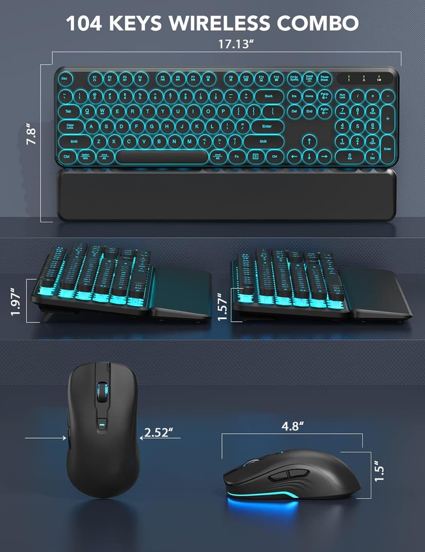 Wireless Keyboard and Mouse Backlit - Typewriter Keyboard with Detachable Wrist Rest, Retro Round Keycaps, Light Up Letters, 2.4G Cordless Combo for Mac, Windows, PC, Laptop, Trueque [2024 Upgraded]