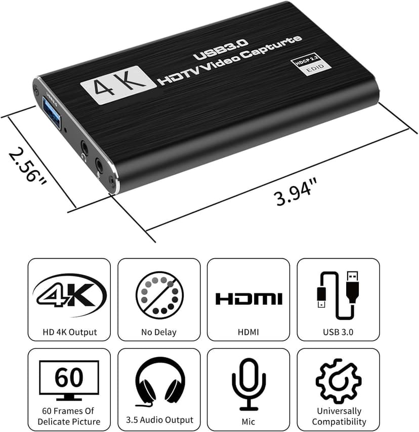 4K HDMI Video Capture Card, Gaming Capture Card with Microphone, Full HD 1080P 60FPS USB Video Capture Device