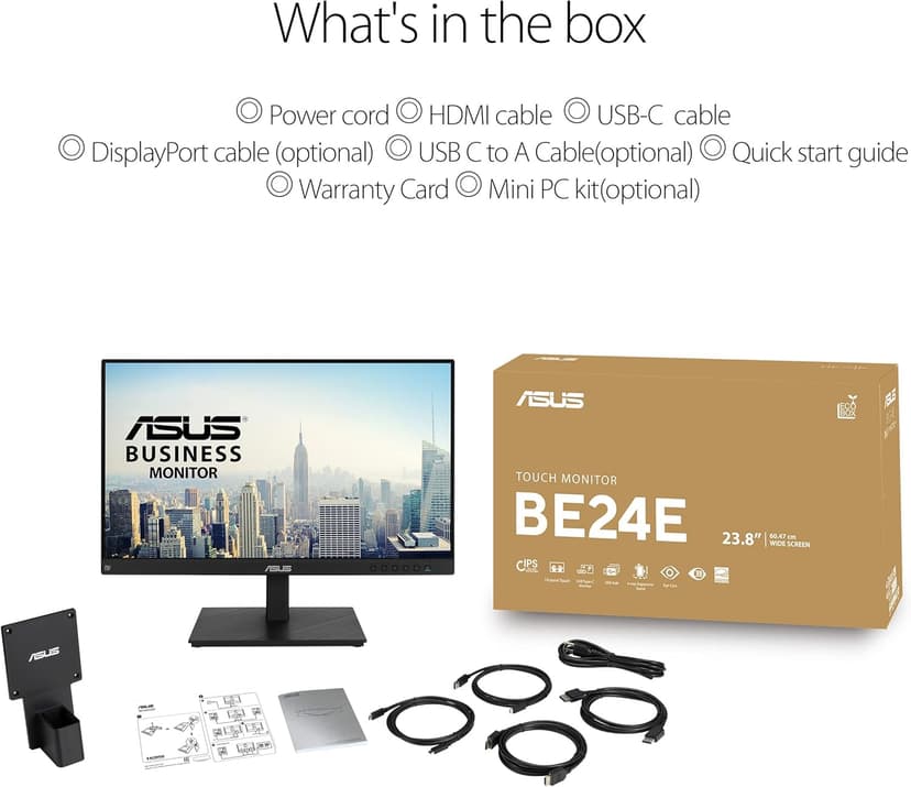 ASUS 24" 1080P Multi-Touch Monitor (BE24ECSBT) - Full HD, IPS, 10-Point Touch, IPS, Eye Care, USB-C with Power Delivery, HDMI, DisplayPort Daisy Chain, Height Adjustable, VESA Wall Mountable, Black