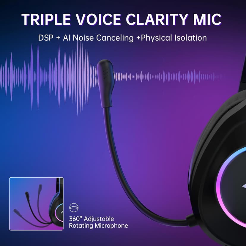 AOC Wireless Gaming Headset for PS5, PS4, Nintendo Switch, PC, Bluetooth 5.4 & 2.4GHz Gaming Headphones with Noise Canceling Mic, RGB, Type-C, 20ms Latency, 45H, 7.1 Virtual Surround- Black