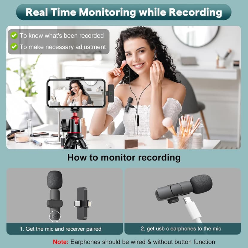 MAYBESTA 2 in 1 Wireless Mini Microphone for iPhone, iPad, Android Phone - Bluetooth Lavalier Lapel Mic for Video Recording - Clip on USB C Microphones for YouTube Tiktok Podcast Vlogging