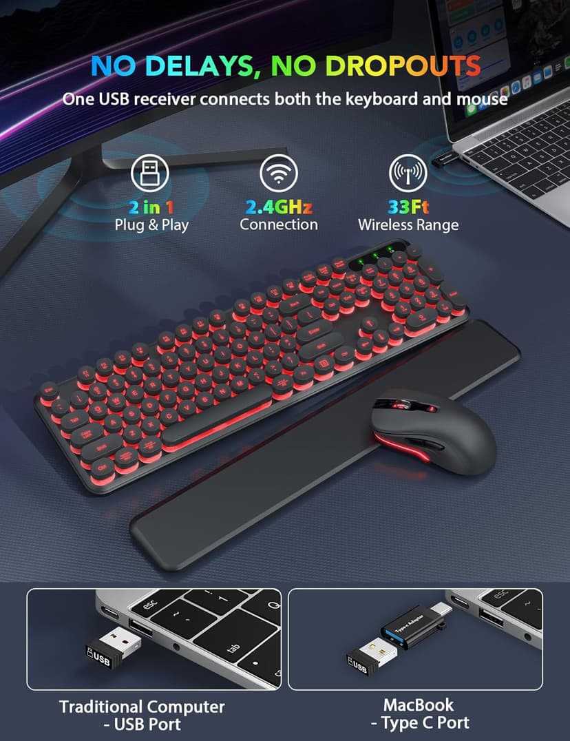 Wireless Keyboard and Mouse Backlit - Typewriter Keyboard with Detachable Wrist Rest, Retro Round Keycaps, Light Up Letters, 2.4G Cordless Combo for Mac, Windows, PC, Laptop, Trueque [2024 Upgraded]