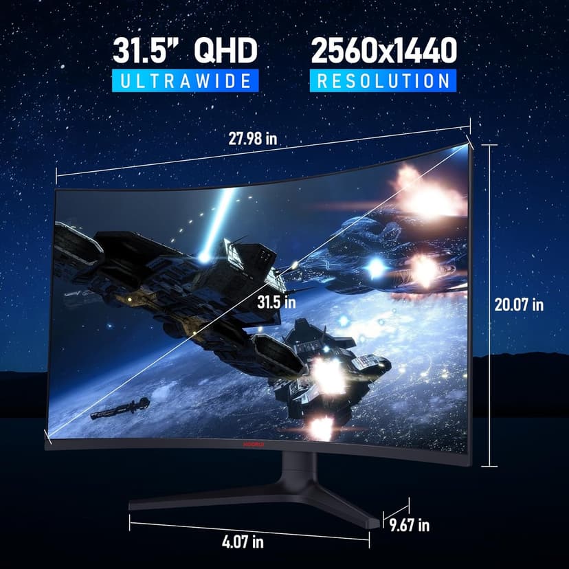 KOORUI 32 inch Curved Gaming Monitor - QHD (2560 x 1440) 2K Display, 170Hz 144Hz Monitor, 1500R Curvature, 1ms, HDR10, Adaptive Sync, Tilt Adjustable, DisplayPort HDMI, Black - 32E6QC
