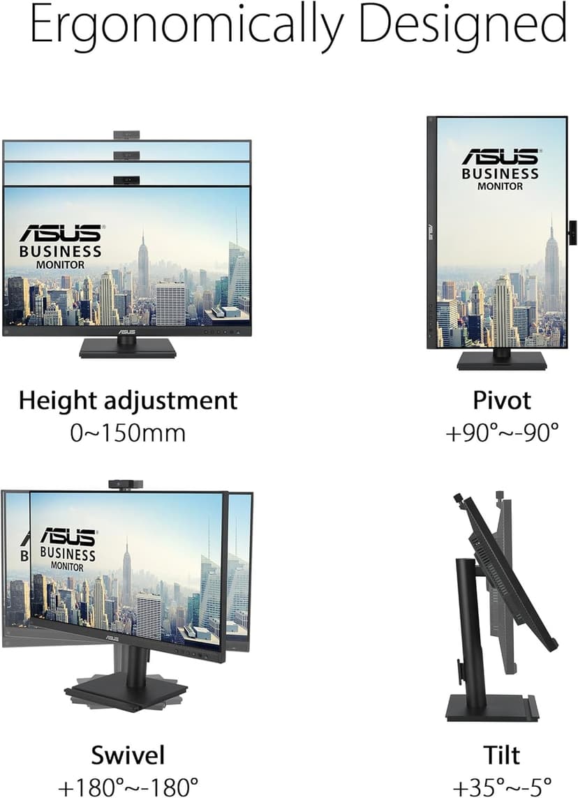 ASUS 27” 1080P Video Conferencing Monitor (BE279QFK) - Full HD, IPS, 100Hz, Frameless, Built-in Webcam, Mic Array, Speaker, Height Adjustable, Ergonomic Design, Eye Care, Wall Mountable, 3 yr warranty