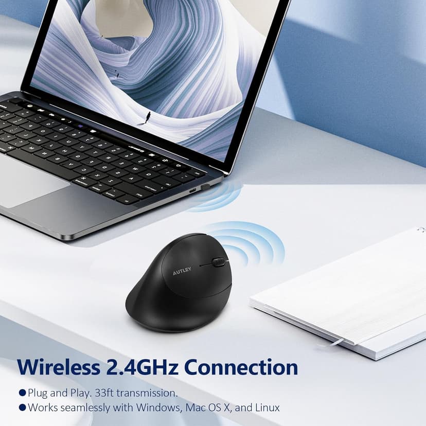 AUTLEY Ergonomic Mouse for Small Hands, 2.4GHz Optical Wireless Vertical Mouse, Less Noise, 800/1200/1600 DPI, 6 Buttons, Right Handed, for Laptop, PC, Computer, Mac, Black