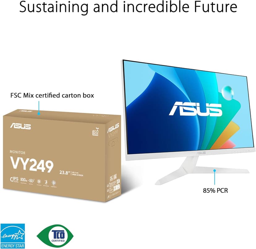 ASUS Eye Care 23.8” 1080P Gaming Monitor (VY249HF-W) – Full HD, IPS, 100Hz, IPS, SmoothMotion, 1ms, Adaptive Sync, Eye Care Plus Technology, Blue Light Filter, Flicker Free, 3 yr Warranty