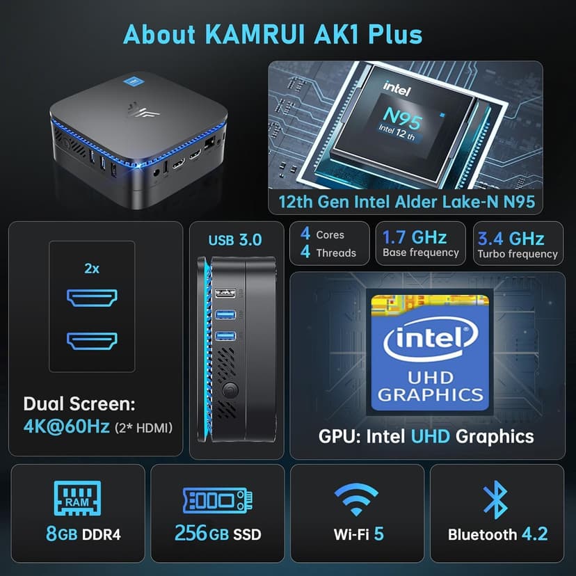 KAMRUI AK1PLUS N95 Mini PC, Intel Processor N95 (up to 3.4GHz), 8GB DDR4 RAM 256GB M.2 SSD, Desktop Computer Support 2.5" SSD, Dual 4K, WiFi, Ethernet for Business, Office, Home