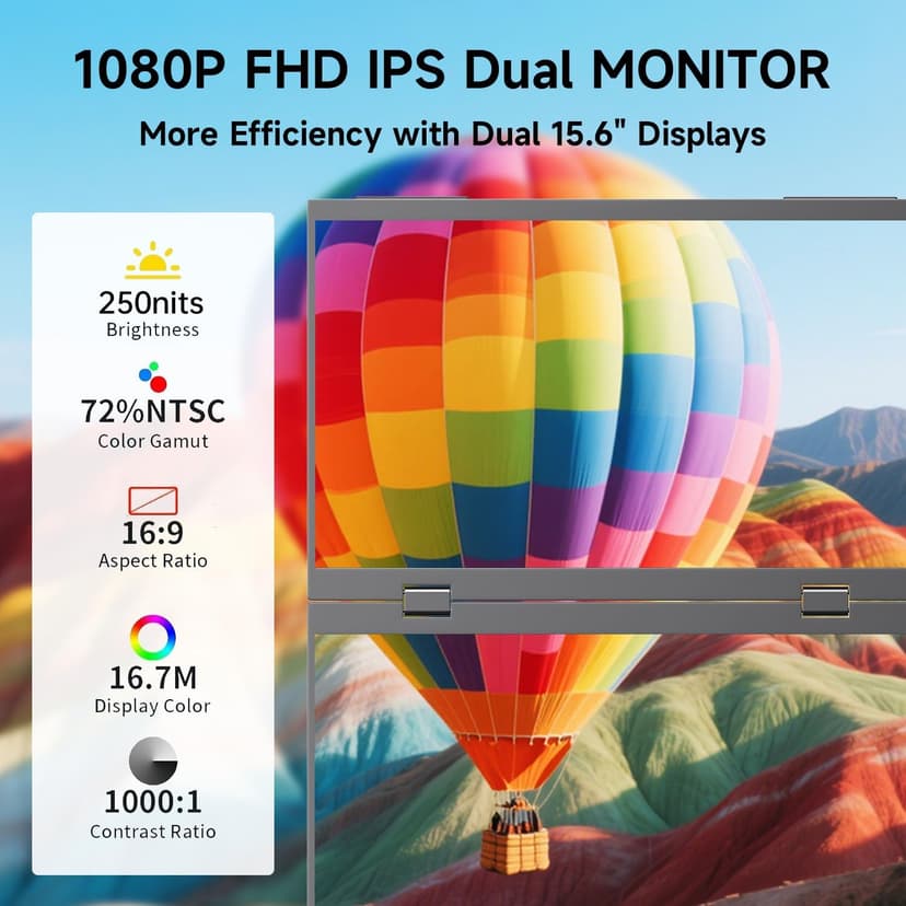 Portable Monitor 15.6" Foldable Dual Screen | Plug & Play for PC/Android/Switch/Xbox/PS5 | FHD 1080P HDR Foldable Travel Display with HDMI/USB-C | Ideal for Gaming, Office & Outdoor