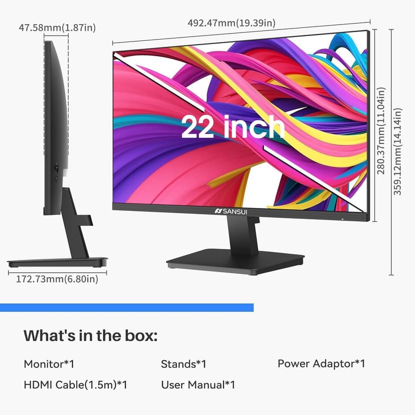 SANSUI Monitor 22 inch 1080p FHD 75Hz Computer Monitor with HDMI VGA, Ultra-Slim Bezel Ergonomic Tilt Eye Care LED Display for Home Office (ES-22F1 HDMI Cable Included)