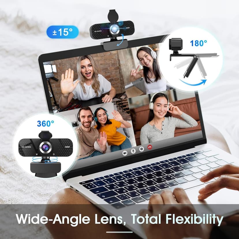 1080P HD Webcam with Microphone, Noise Cancellation, Privacy Cover, Wide-Angle Lens, Auto Light Correction, Plug & Play USB Webcam for Laptop, Desktop, PC, Mac, Zoom, Skype, Streaming Black
