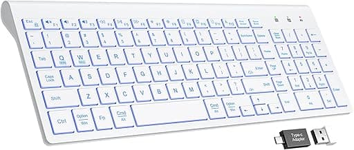 SABLUTE Wireless Keyboard with 7 Colored Backlits, Rechargeable Silent Compact Cordless Computer Keyboard with Low Profile Quiet Light Up Keys for Windows, PC, Linux, Chrome, Mac (White)