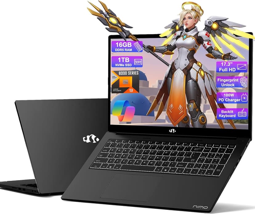 NIMO 17.3 Gaming-Laptop Ryzen 9 8945HS (>i9-13900H) 16GB RAM, 1TB SSD, Radeon 780M, PD 100W USB-C 4.0 AI-Enhanced for Copilot VR Ready, Backlit KB Fingerprint Unlock, Gaming Student Office Business