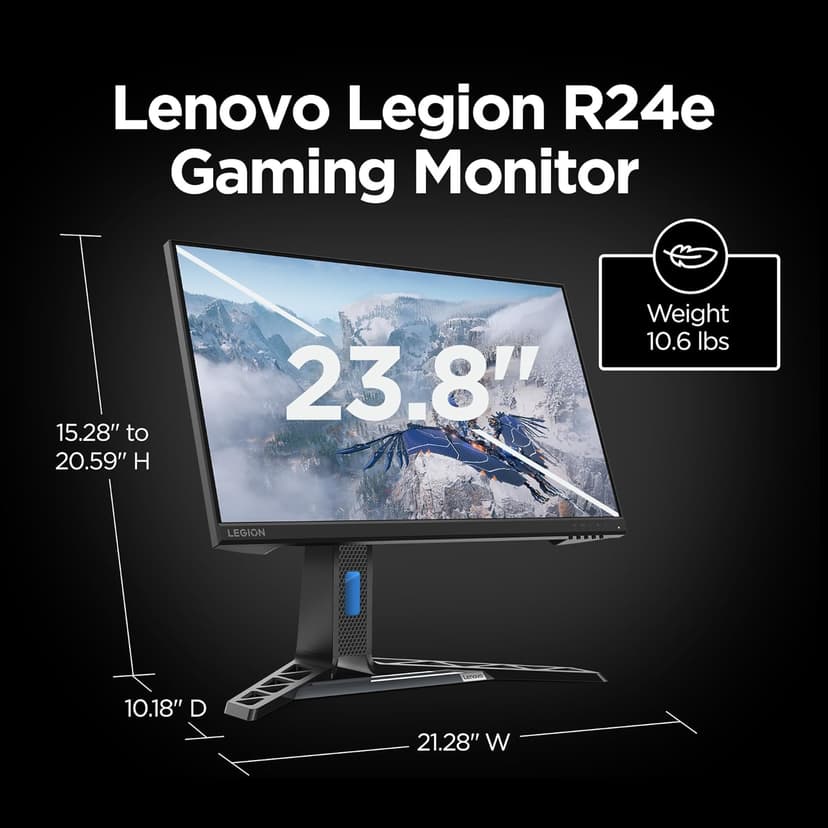Lenovo Legion R24e - Gaming Monitor - 23.8" Flat FHD - 180 Hz - 1ms Response - AMD FreeSync - HDRDecode, HDMI 2.1, DP 1.4, Audio - Lift/Tilt/Pivot/Swivel Stand - Raven Black