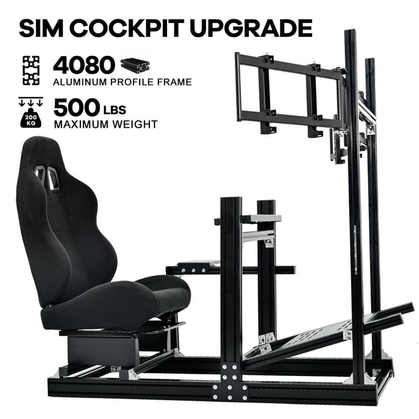 Anman Aluminum Profile Racing Simulator Cockpit with Triple Monitor Mount Black Seat,for Logitech/Thrustmaster/Fanatec Direct Drive Steering Wheel, GPRO T818,Multi Adjustable Universal cockpit