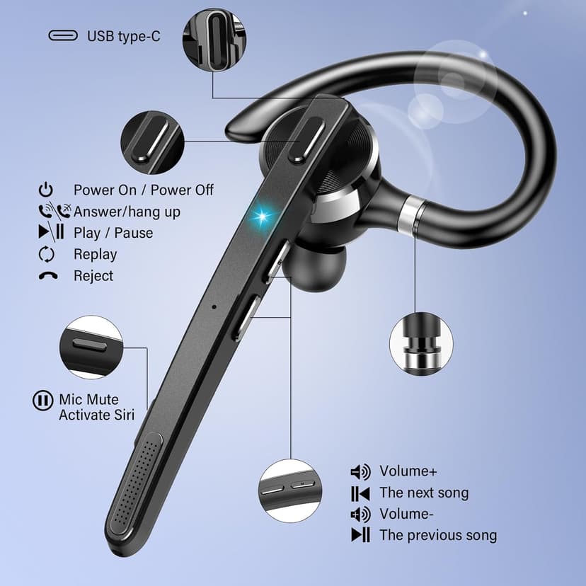 Bluetooth Headset, Wireless Bluetooth 5.3 Earpiece, 90Hrs Hands Free Headset with APTX HD Audio & Mute Button, Dual Noise Cancelling Mics, Single-Ear Headphone for Trucker/Business/Office/Gym