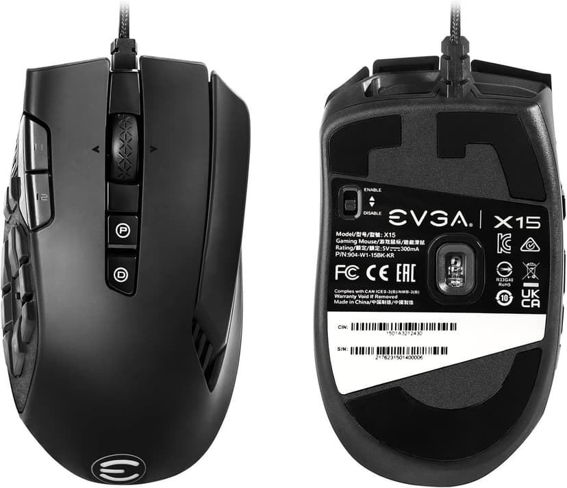 EVGA X15 MMO Gaming Mouse, 8k, Wired, Black, Customizable, 16,000 DPI, 5 Profiles, 20 Buttons, Ergonomic 904-W1-15BK-KR