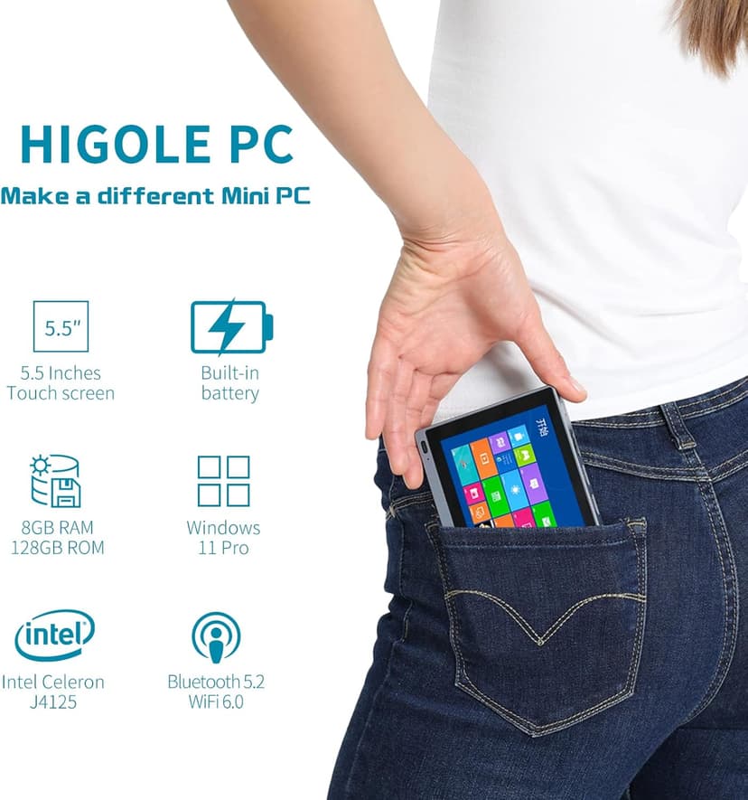HIGOLEPC Mini PC Win 11 PRO, Celeron J4125 Mini Computer, 8GB DDR4 128GB EMMC Mini Desktop Computer with IPS Screen, WiFi 5.0, BT5.2, Gigabit Ethernet
