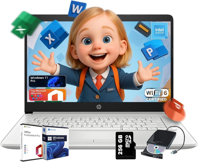 HP 14 Business Student Laptop • w/Office Lifetime License & Free DVD Drive • Intel 4-Core CPU • 14" Anti-Glare Display • Copilot • Win 11 Pro • 16GB RAM • 128GB UFS • 256GB Extend Micro SD • Wi-Fi 6