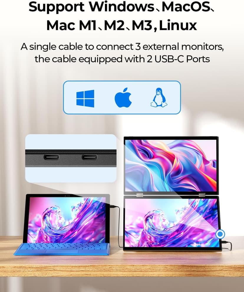 Portable Dual Monitors, 15.6” 2K Dual Screen Monitor for Laptop(Win/Linux), Built-in Protective Cover/Stand, 360°Rotation and USB-C Triple Screen Laptop Monitor Extender, Plug & Play