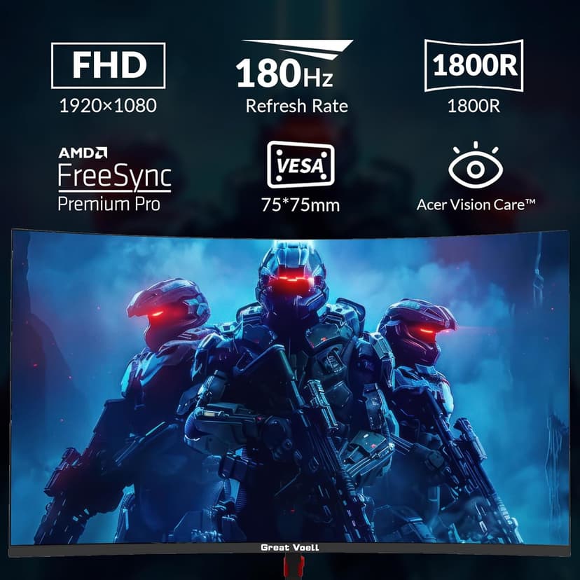 24 Inch Curved Gaming Monitor, 180Hz/144Hz FHD 1080P, 120% sRGB, 1ms, AMD FreeSync, Low Motion Blur, VESA Wall Mount, HDMI 1.4 & DP 1.2 – Black