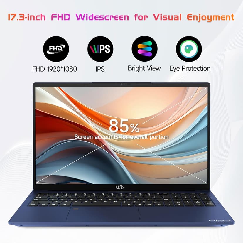NIMO 17.3" IPS FHD-Laptop, Intel 6 Cores i3-1215U 16GB RAM 1TB SSD (Beat Ryzen 5 7520U, Up to 4.4GHz) Computer with 65W GaN Type C Backlit Keyboard Fingerprint, for Home Student and Business Blue