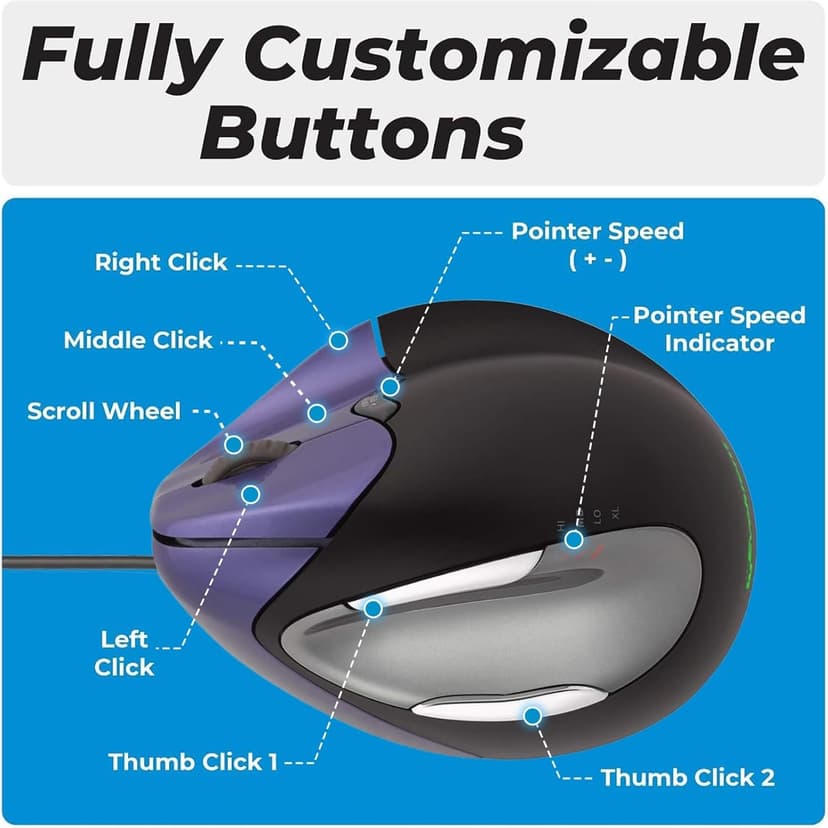 Evoluent VM4S Vertical Mouse 4 Small for Right Hand – Ergonomic Mouse Wired USB, Helps Reduce Carpal Tunnel, Adjustable Speed & Programmable Buttons, Vertical Ergonomic Wired Mouse, Gaming/Office Use