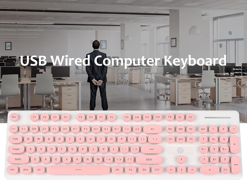 Wired Quiet Membrane Keyboard,Full Size 104-Keys Retro Punk Typewriter White LED Backlit ，USB Ultra Slim Gaming Keyboard with ABS Round keycaps for Windows/PC/Laptop (Pink)