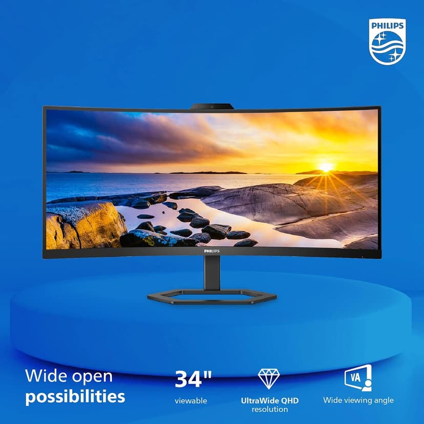 Philips 34E1C5600HE 34'' UltraWide QHD 21:9 Monitor with Built-in Windows Hello Webcam & Noise Canceling Mic, USB-C Docking, Stereo Speakers, 100Hz, 4-Year Advance Replacement