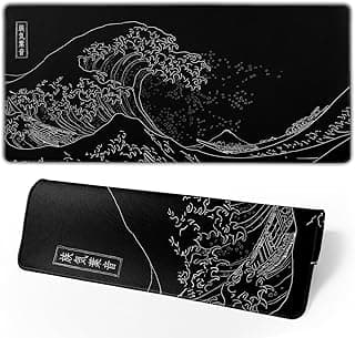 Japanese Gaming Mouse Pad Black Mouse Pad Kanagawa Large Mousepad Non-Slip Rubber Base Waterproof with Stitched Edges for Gaming Office Home, 31.5x11.8 Inch (Black Wave)