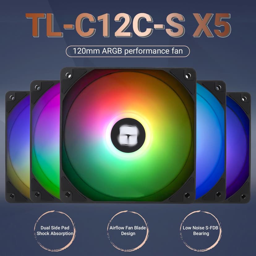 Thermalright 5 Pack TL-C12C-S CPU Fan 120mm ARGB Case Cooler Fan, 4pin PWM Silent Computer Fan with S-FDB Bearing Included, up to 1550RPM Cooling Fan（5 Quantities）