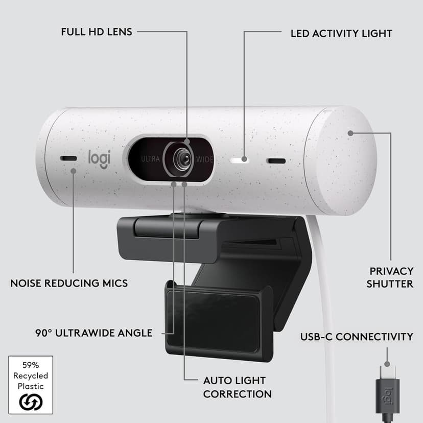 Logitech Brio 500 Full HD Webcam with Auto Light Correction,Show Mode, Dual Noise Reduction Mics, Webcam Privacy Cover, Works with Microsoft Teams, Google Meet, Zoom, USB-C Cable - Off White
