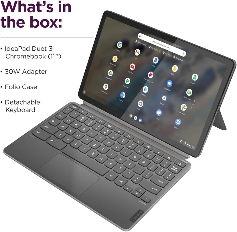 Lenovo Chromebook Duet 3 2-in-1 Tablet Laptop w/Detachable Keyboard (11" QHD Touchscreen, 8-Core Qualcomm CPU, 4GB RAM, 128GB (64GB eMMC + 64GB SD Card)) USI Pen, 8MP Webcam, Chrome OS, Grey