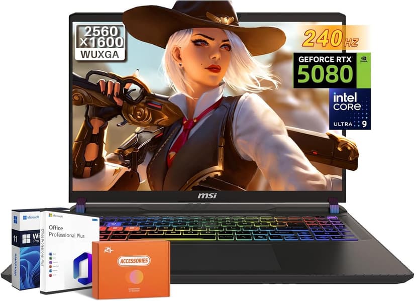 MSI Vector 16 HX Gaming Laptop, NVIDIA RTX 5080 16GB GDDR7, Intel Ultra 9 275HX(Up to 5.4GHz), 16 inches QHD+ LCD 240Hz, Thunderbolt 5, 64 GB DDR5, 2 TB SSD, Windows 11 Pro, Office Pro Lifetime