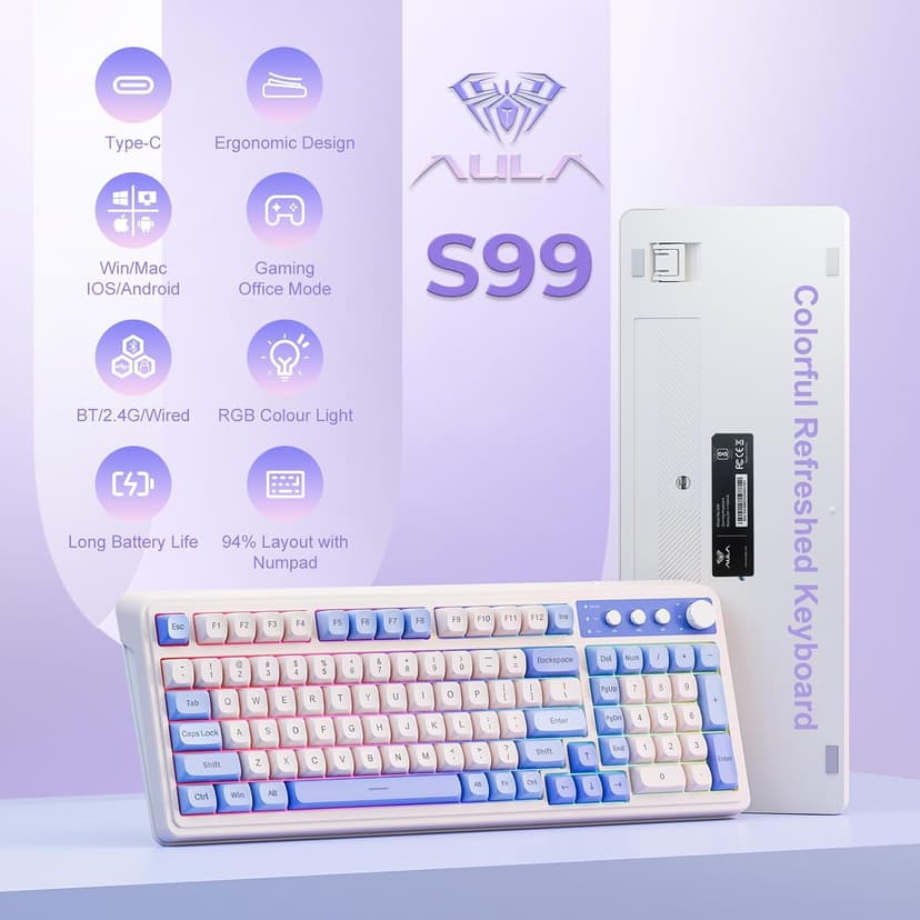 AULA 99 Key Keyboard, Tri-Mode Bluetooth/2.4GHz/USB-C Cute Creamy Gaming Keyboard with Number Pad RGB Backlit, Media Knob Custom Mechanical Feel Computer Keyboards for MAC Xbox PC Gamer - Purple