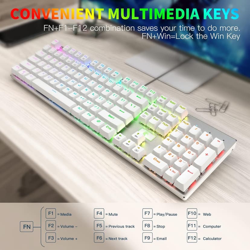 HUO JI E-Yooso Z-88 RGB Mechanical Gaming Keyboard USB Wired, Customizable RGB Backlit, Blue Switches - Clicky, Metal Panel, 104 Keys for Mac, PC, Silver+White