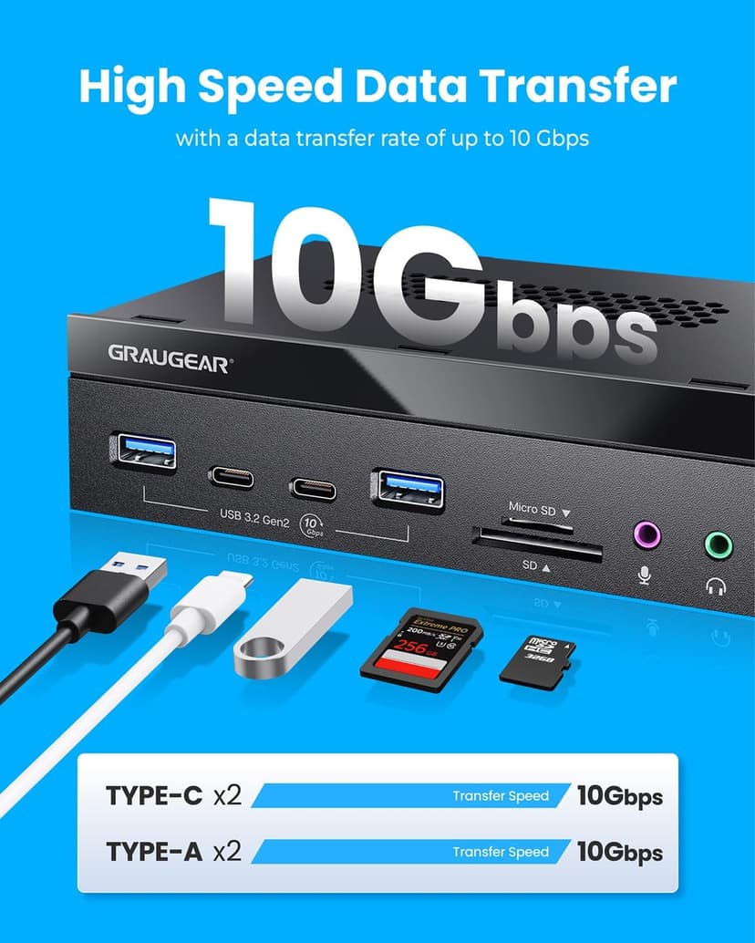 GRAUGEAR 5.25 Inch 10Gbps USB 3.2 PC Front Panel Card Reader with Audio Ports, SD/microSD Internal Card Reader, USB3.2 Type-E Key-A 20-Pin Header & USB3.0 Header & 15-Pin SATA Power Connector Required