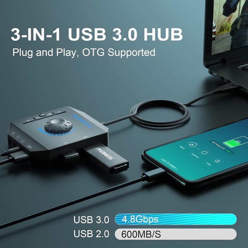 T10 External Sound Card, PHOINIKAS USB Audio Adapter for PC Windows, Mac, Linux, Laptops, Desktops, Stereo Sound Card with 3.5mm Interface & USB Interface, Volume Control, Plug & Play (6-in-1, Black)