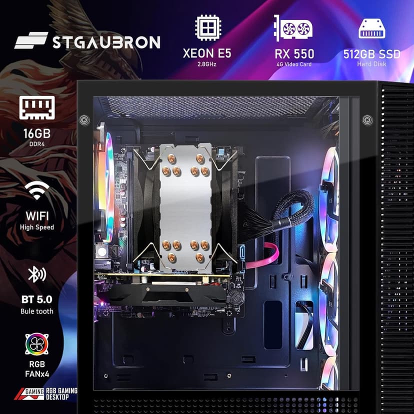 STGAubron Gaming PC Computer Desktop, Intel i7 Xeon E5 2.8GHz, Radeon RX 550 4G, 16GB DDR4, 512GB SSD, WiFi, BT 5.0, RGB Fan x4, Windows 10 Home